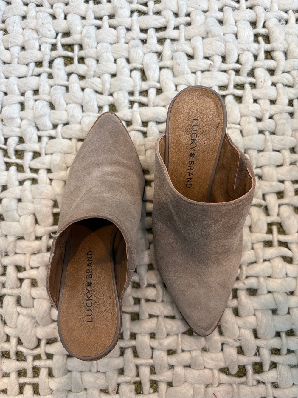 Lucky Brand Taupe 2 inch Suede Pointed Mules